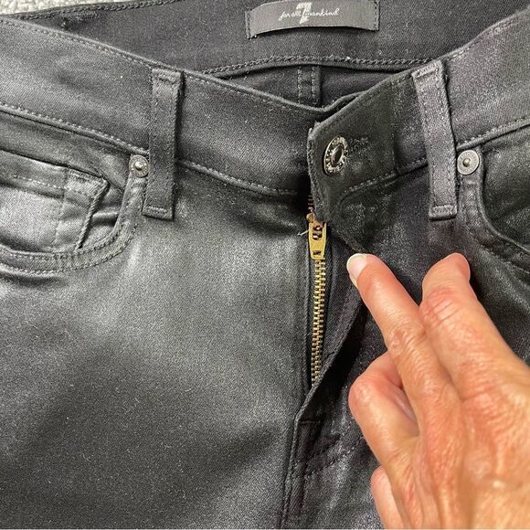 7 For All Mankind Coated Jeans Women’s 26 Black Straight High Rise Holiday Party - Picture 5 of 16